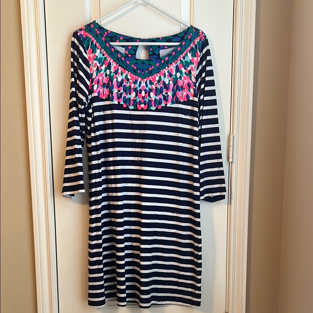 Lilly Pulitzer Blue and White Embellished Dress 3/4 Sleeve Resort Wear